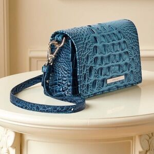 Brahmin Minuette Retro denim blue with embossed Croc silver logo charm firm